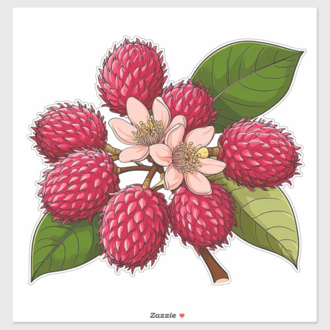 Sticker Grappe de Rambutan Éclairé avec des Fleurs Roses (Feuille)