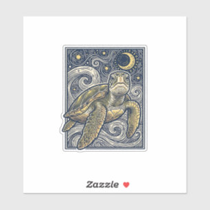 Sticker Gravure ancienne tortue marine nuit étoilée
