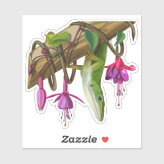 Sticker Green anole with Fuchsias