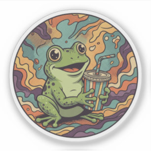 Sticker Grenouille Groovy Buvant de la Soda - Art Psychédé