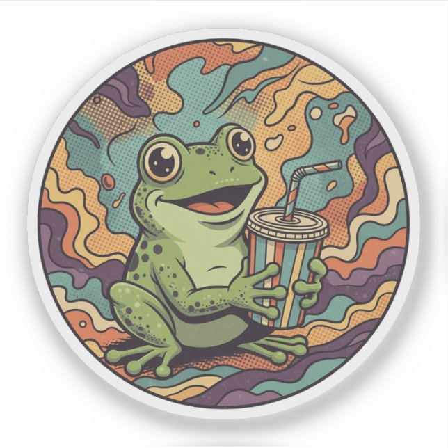 Sticker Grenouille Groovy Buvant de la Soda - Art Psychédé (Devant)