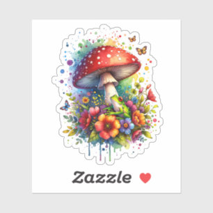 Sticker Grenouille mignonne, Fleurs, Papillons et Champign