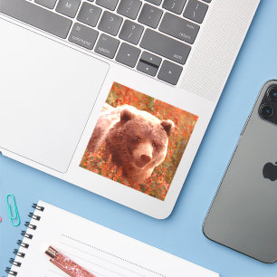 Sticker Grizzly Bear Cub dans Fireweed Peinture Art de la