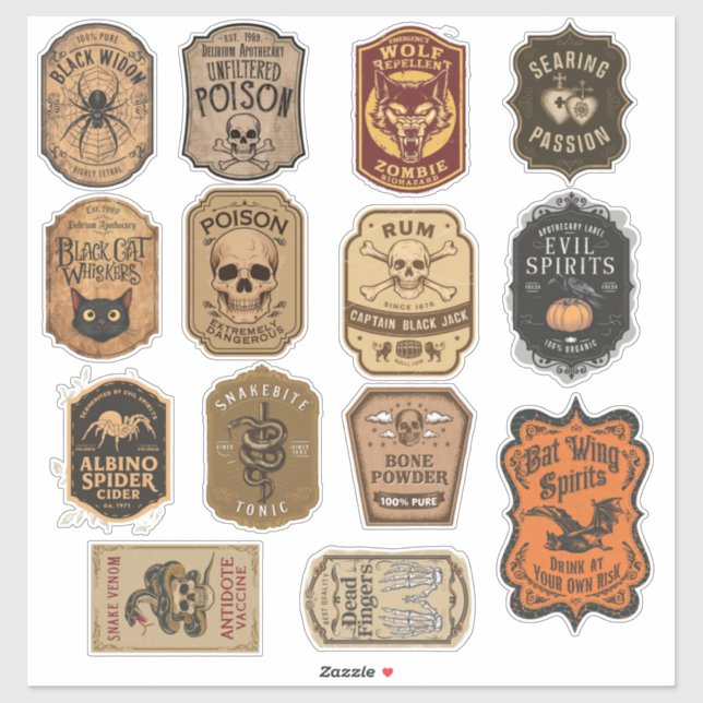 Sticker Groupe Halloween de 14 Bouteilles de Potion Magiqu (Feuille)