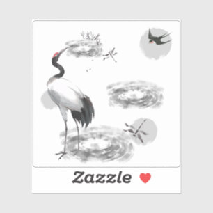 Sticker Grue japonaise et étang zen - Art à l'encre Sumi-e