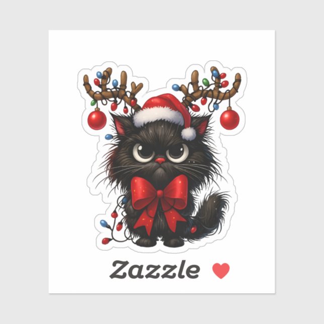 Sticker Grumpy Christmas Cat with Santa Hat and Antlers (Feuille)