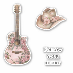 Sticker Guitare florale occidentale rose