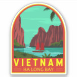 Sticker Ha Long Bay Vietnam Travel Vintage Art<br><div class="desc">Art vectoriel Ha Long Bay. La baie de Hạ Long,  dans le nord-est du Vietnam,  est connue pour ses eaux émeraude et ses milliers d'îles calcaires surmontées de forêts tropicales.</div>
