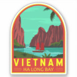 Sticker Ha Long Bay Vietnam Travel Vintage Art<br><div class="desc">Art vectoriel Ha Long Bay. La baie de Hạ Long,  dans le nord-est du Vietnam,  est connue pour ses eaux émeraude et ses milliers d'îles calcaires surmontées de forêts tropicales.</div>