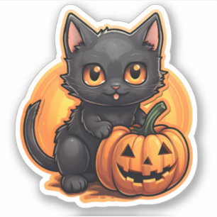 Sticker Halloween Citrouille orange adorable petit chat no