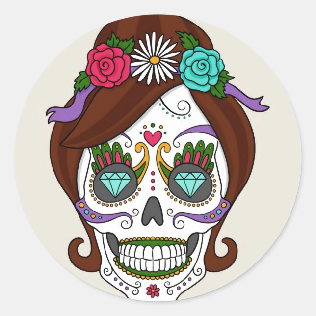 Sticker Halloween Floral Sugar Skull Classic rond (Devant)