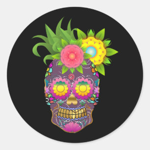 Sticker Halloween Floral Sugar Skull Classic rond