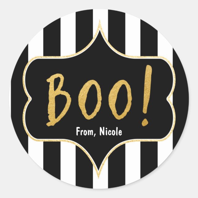 Sticker Halloween Gold BOO noir et blanc à rayures (Devant)