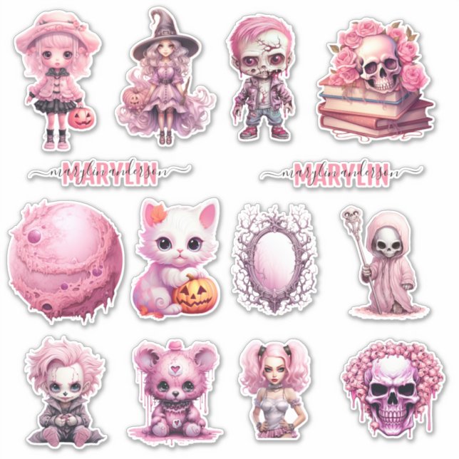 STICKER HALLOWEEN GOTHIQUE ROSE NOM CURSIVE PERSONNALISÉ (Devant)
