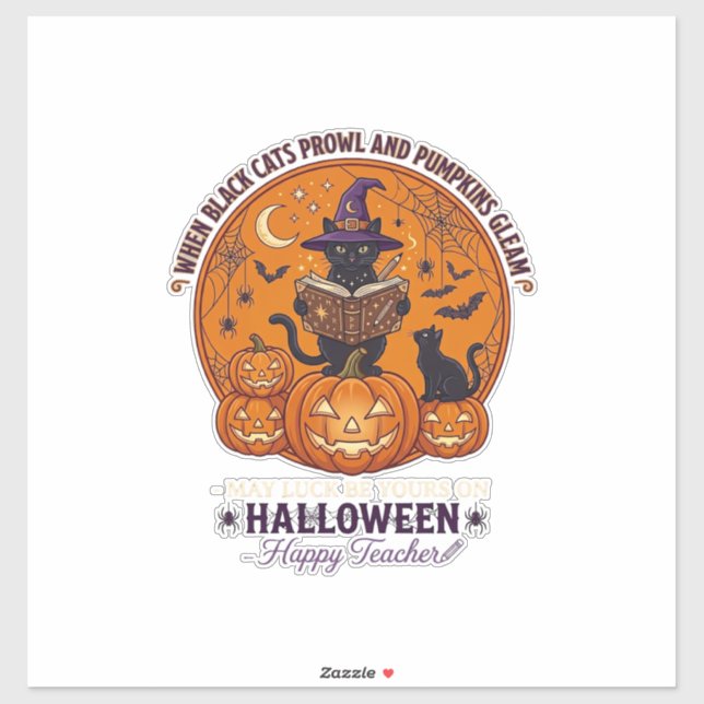 Sticker Halloween Joyeux Professeur Chat Noir Sorcière Cha (Feuille)