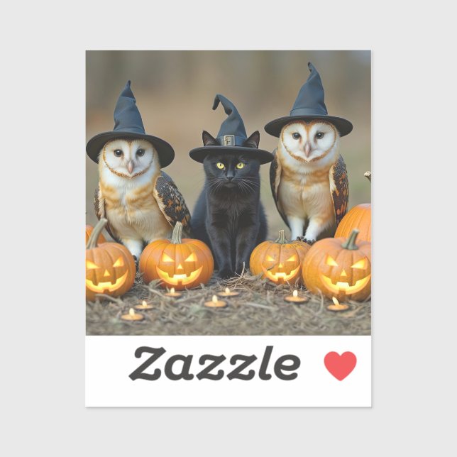 Sticker Halloween Mignon Chat Noir et Hiboux (Feuille)