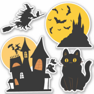 Sticker Halloween Set Haunted Maison Château Chat Sorcière