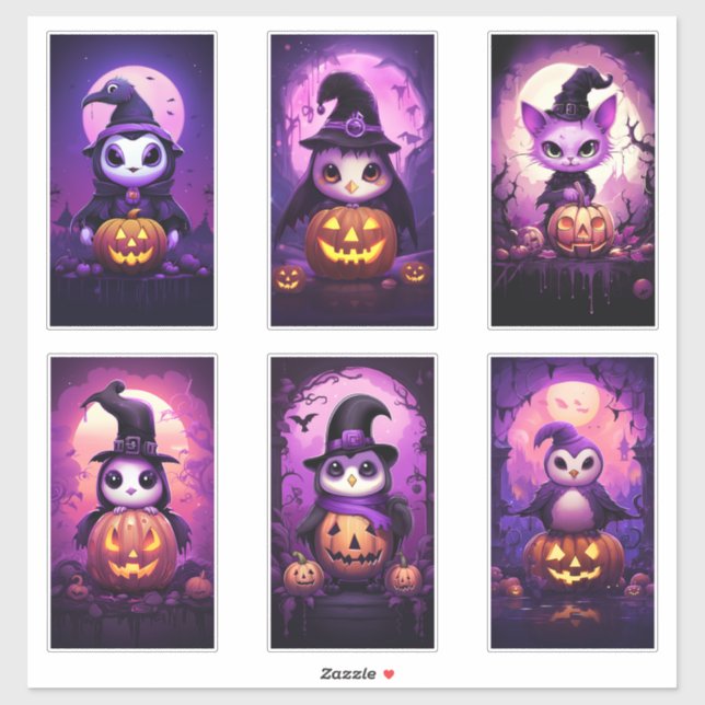 Sticker Halloween Violet Emo Manchot avec des amis 2 (Feuille)