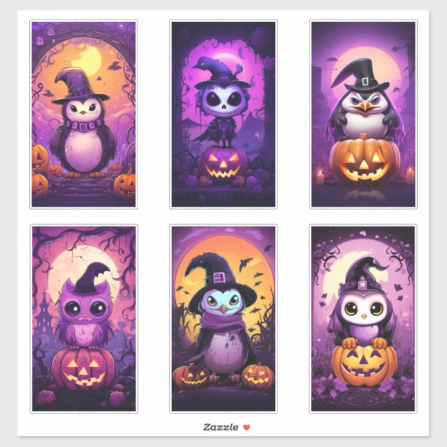 Sticker Halloween violet Emo Penguin avec des amis (Feuille)
