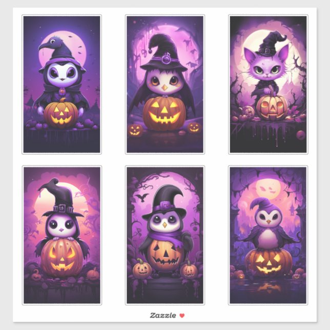 Sticker Halloween violet Emo Penguin avec des amis 2 (Feuille)