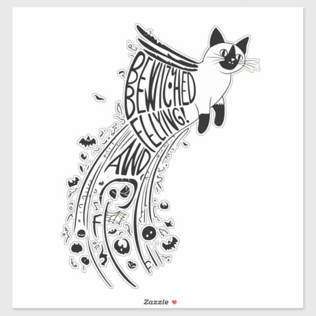 Sticker Halloween Whimsical Soar : Chat Siamais en vol (Feuille)