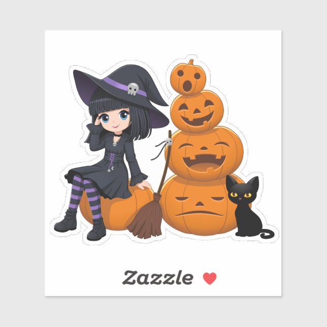 Sticker Halloween Witch, Black Cat, and Pumpkins (Feuille)