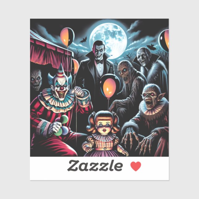 Sticker Halloween Zombie, Clown, Vamp et poupée hantée (Feuille)