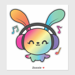Sticker Happy Bunny avec écouteurs écoutant de la musique.