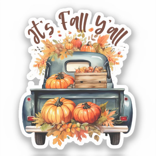 Sticker Happy Fall Y'all - Camion rustique avec Citrouille (Recto)