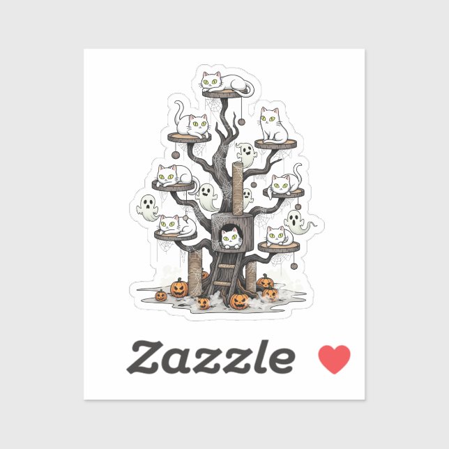 Sticker Haunted Cat Tree - Chats Ghosts Citrouille Hallowe (Feuille)