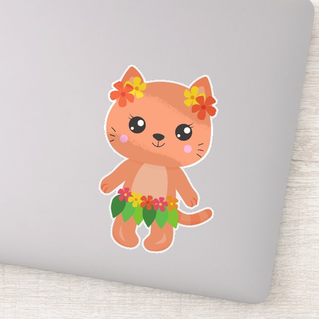 Sticker Hawaii Chat, Cute Chat, Orange Chat, Fleurs, Luau (Détail)