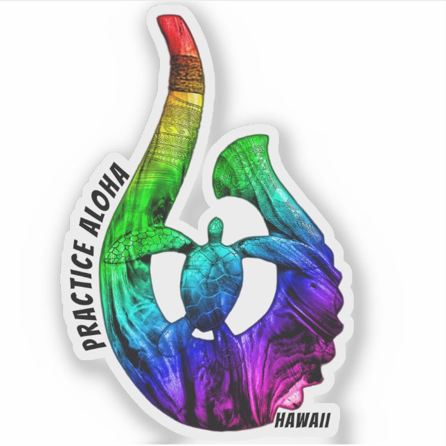 Sticker Hawaii Pratique Aloha Honu Tribal Hook Neon Rainbo (Devant)