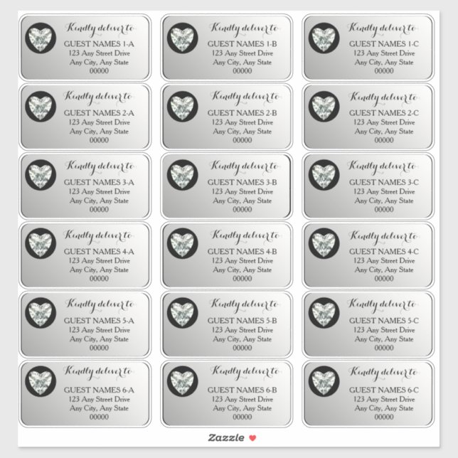 Sticker Heart Diamond Argent Mariage Adresse client Sticke (Feuille)