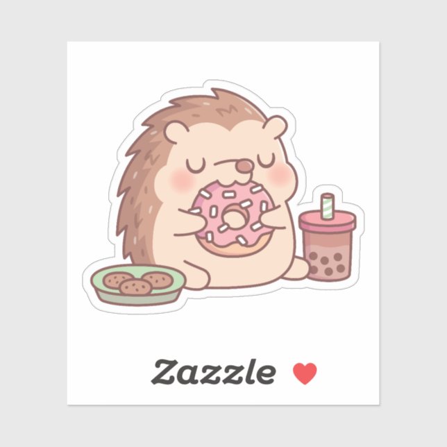 Sticker Hérisson Mignon Mangeant des Donuts, des Cookies e (Feuille)