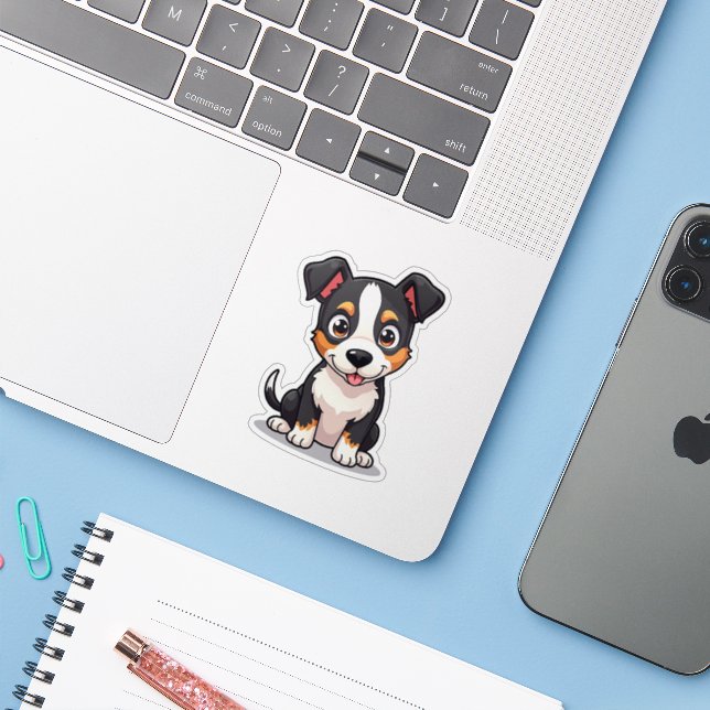 Sticker Heureux chiot Manchester Terrier – Art Chibi (Ordinateur portable avec iPhone)