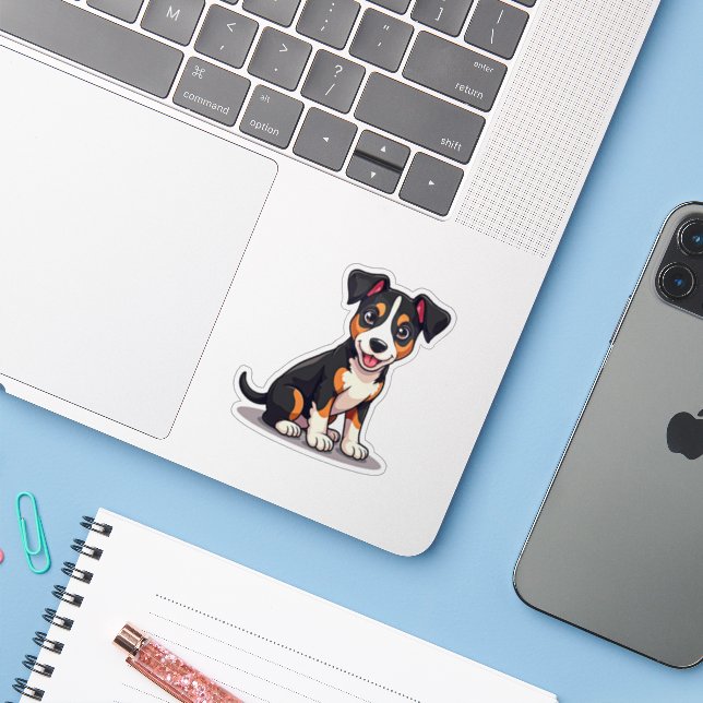 Sticker Heureux chiot Manchester Terrier – Art Chibi (Ordinateur portable avec iPhone)