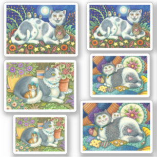 STICKER HIBOUX ET CHATS, ART FOLKORIQUE RURAL CHATONS AUTO