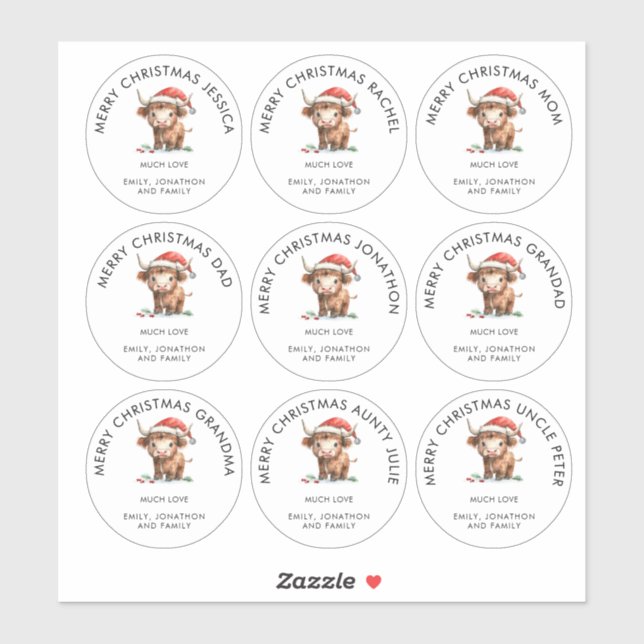 Sticker Highland Cow Nom individuel Joyeux Noël (Feuille)