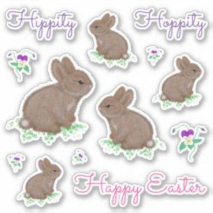 Sticker Hippity Hoppity Joyeux lapins de Pâques et fleurs