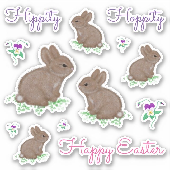 Sticker Hippity Hoppity Joyeux lapins de Pâques et fleurs (Devant)