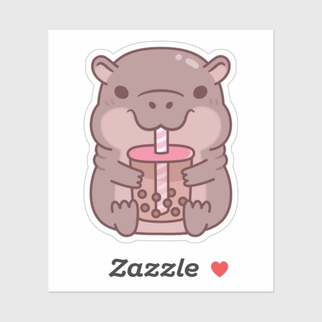 Sticker Hippopotame mignon buvant du thé aux bulles (Feuille)
