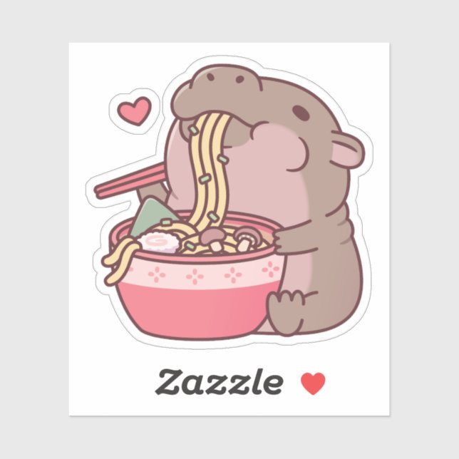 Sticker Hippopotame Pygmée Mignon en Train de Siroter des  (Feuille)