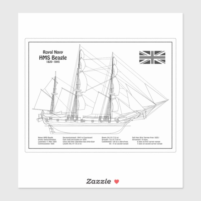 Sticker HMS Beagle Tall Ship - Plan d'expédition BD (Feuille)