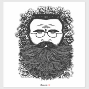 Sticker Homme Whimsical Beard Mustache Fleurs Art