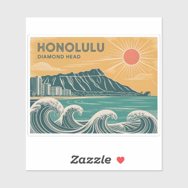 Sticker Honolulu Diamond Head Oahu Waikiki Rétro Minimal (Feuille)