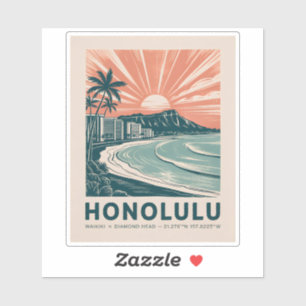 Sticker Honolulu Oahu Hawaii Waikiki Beach Retro Travel