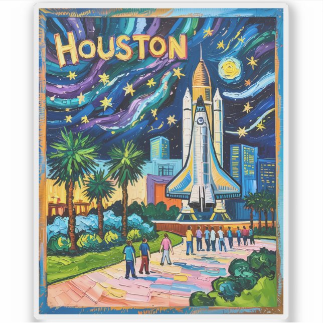 Sticker Houston Skyline Space Center Rocket Van Gogh Kids (Devant)