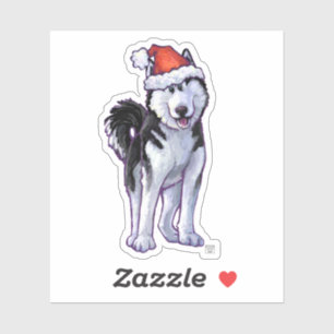 Sticker Husky festif dans un chapeau de Père Noël