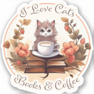 Sticker I Love Cats, Livres et Café