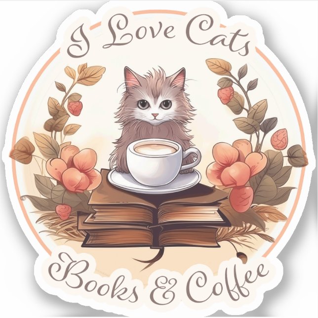 Sticker I Love Cats, Livres et Café (Devant)